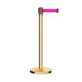 Montour Line Retractable Belt Barrier Stanchion, 2" Pol.Brass Post  7.5'Fl.Pnk Belt M530-PB-FPK-75